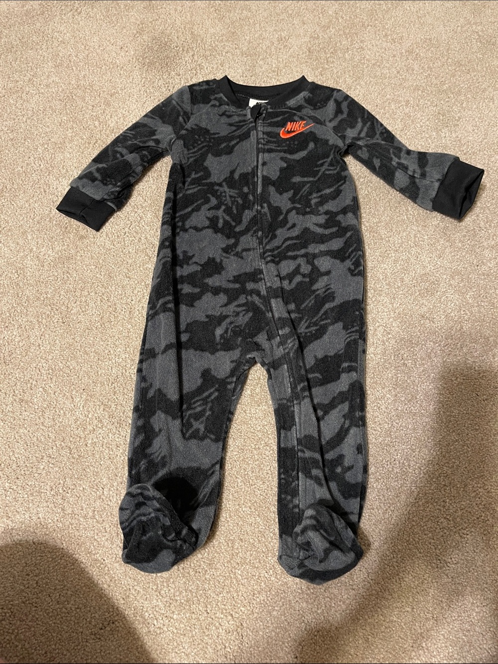 Nike Black & Gray Camo Footed One-Piece with Orange Logo
